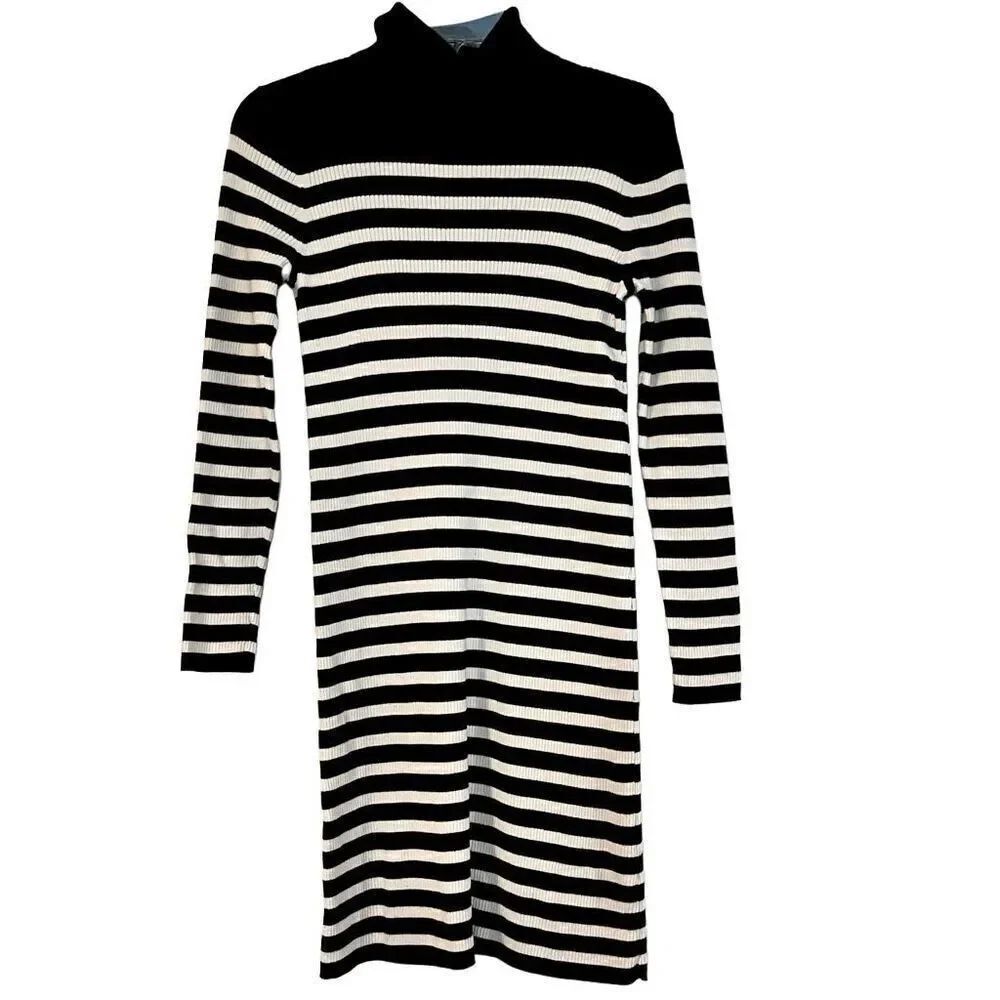 Vince Camuto Black and White Striped Turtleneck Sweater Dress Medium